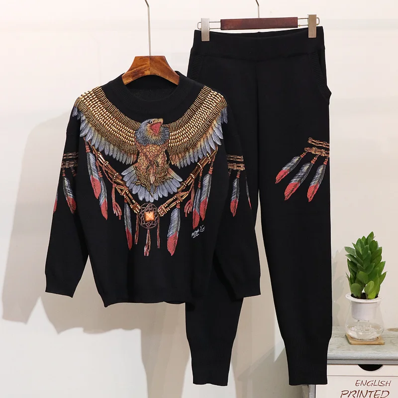 

Autumn Women Set Long Sleeve Eagle Embroidery Knitted Sweaters Casual Suit Winter Clothes Two Piece Set Tops Pants Female WS96