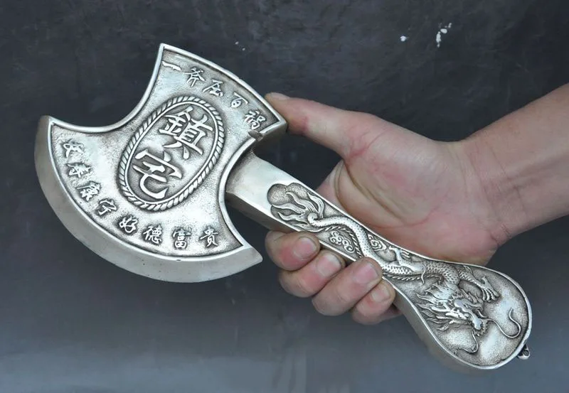 

christmas old chinese silver fengshui Dragon statue Warrior Weapon Arms Axe Hatchet Ax halloween