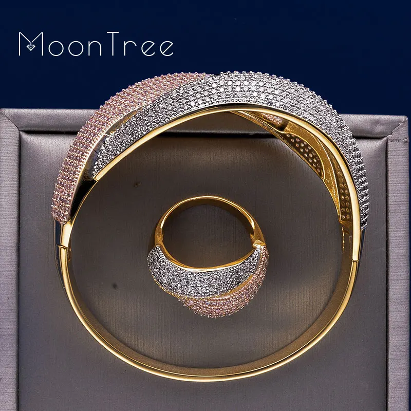 MoonTree Дубай Свадебные медные комплекты украшений для женщин три тона аксессуары для невесты кубический циркон элегантный широкий браслет кольцо набор