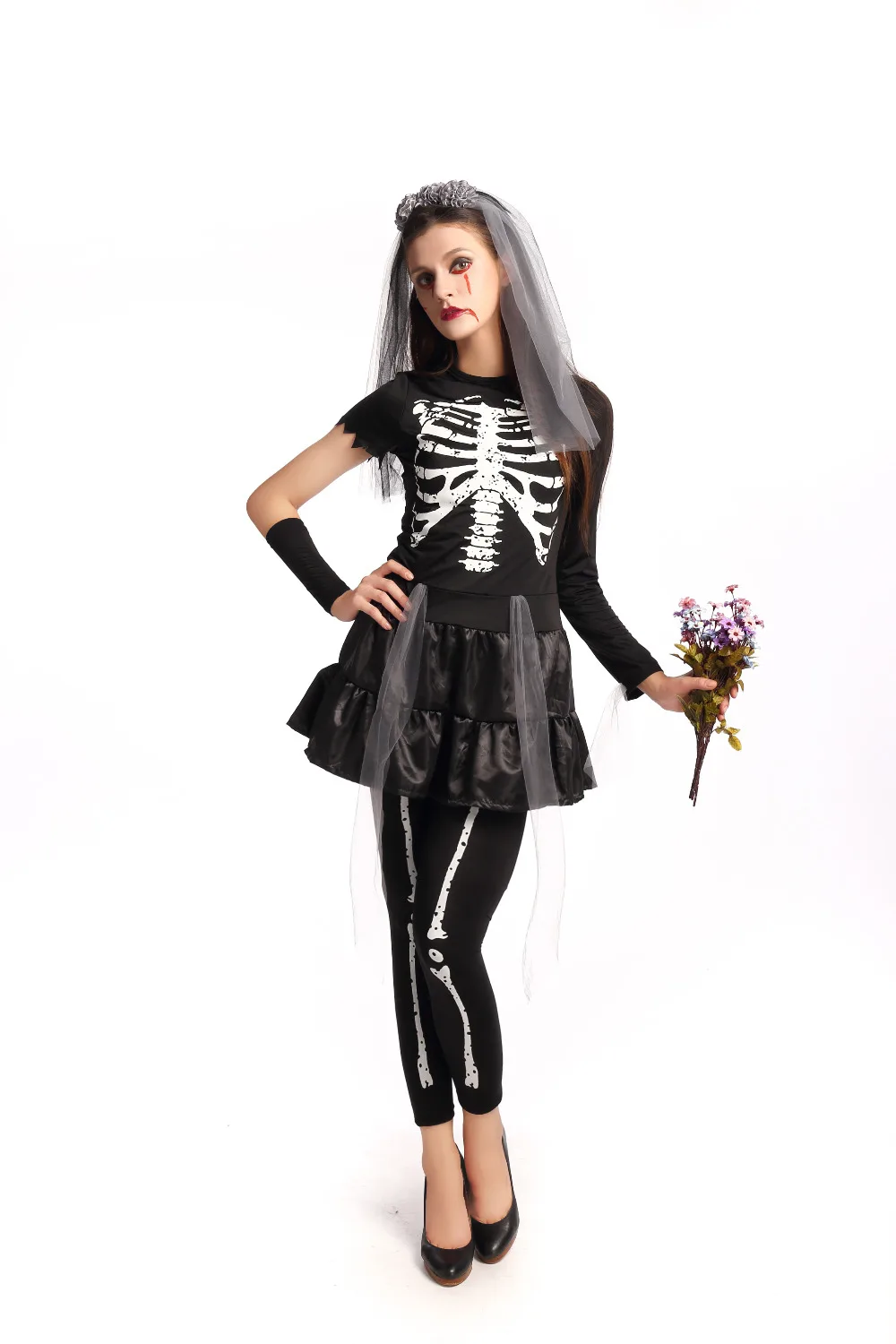 Buy Halloween Scary Black Skull Bridal Costume For