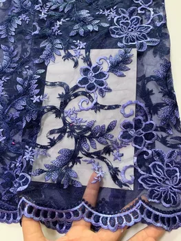 

Royal Blue African Lace Fabric 2019 High Quality French Lace Fabric Gold Line 3 D Flowers Embroidered Nigerian Tulle Mesh Lace