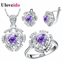 Uloveido фиолетовый камень кубический цирконий кулон сердце Цепочки и ожерелья посеребренные серьги обручальное кольцо Engagment Для женщин комплект ювелирных изделий T053
