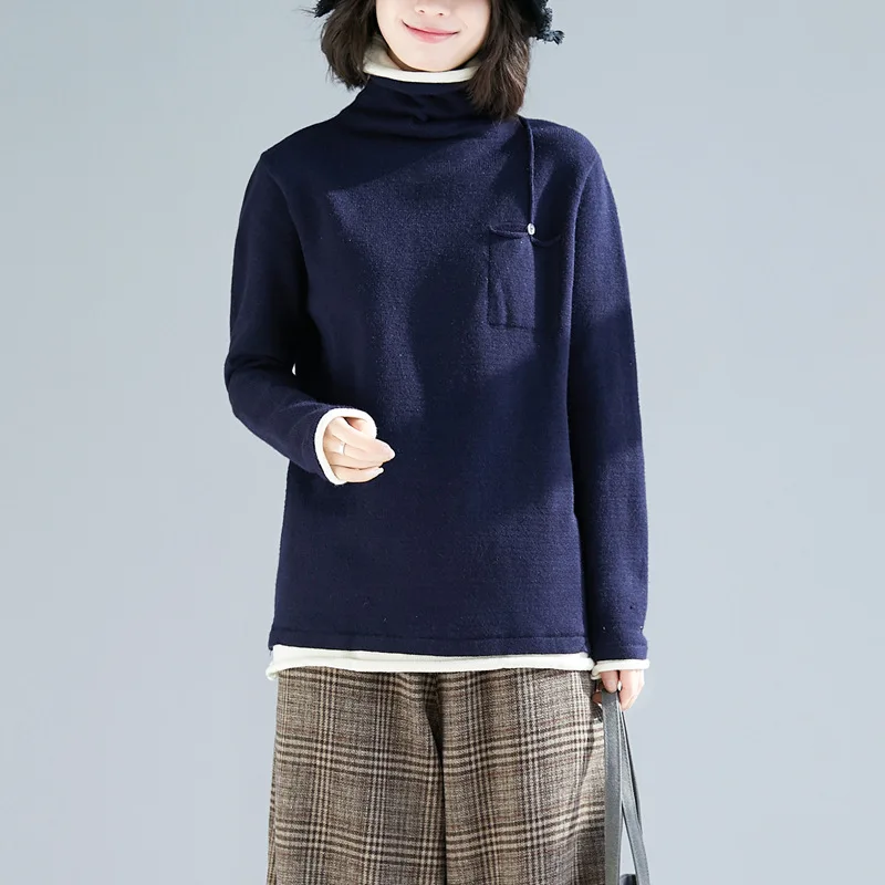 

Johnature 2019 Autumn Winter New Casual Turtleneck Full Sleeve Loose Pullover Women Sweaters Solid Color Patchwork Warm Sweaters