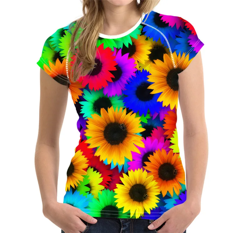 FORUDESIGNS Rainbow Floral T Shirts Women Tops,Flower Tee ...