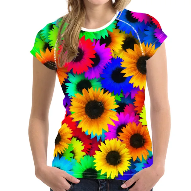 FORUDESIGNS Rainbow Floral T Shirts Women Tops,Flower Tee Shirt Femme
