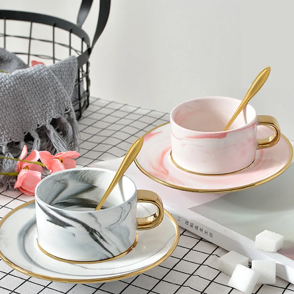 Шикарные скандинавские мраморные керамические кружки кофейная чашка блюдце наборы розовый серый цвет утреннее молоко чай напиток фарфоровые кружки с ложкой набор посуды
