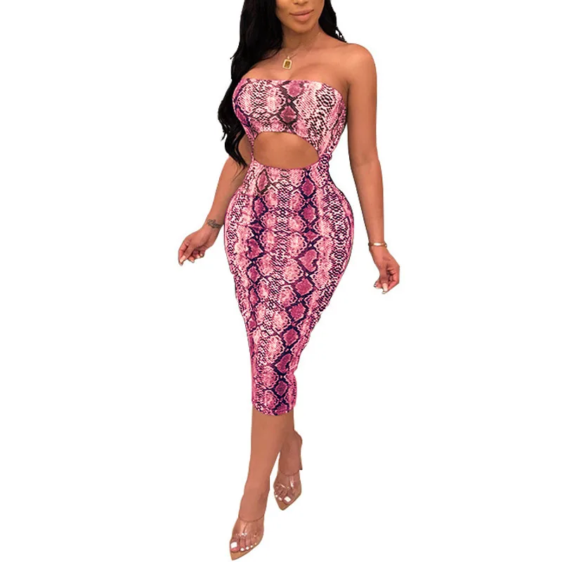 

Pink/Green/Khaki Snake Skin Pattern Printed Fashion Woman Bodycon Dress Sexy Off Shoulder Front Cut Out Strapless Midi Dress