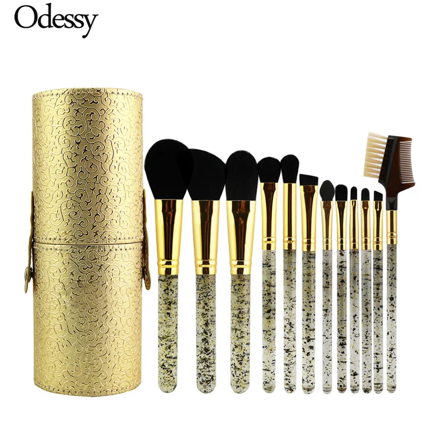 

ODESSY Brand 12pcs Clear Glitter Makeup Brushes Kit Holder Tube Convenient Portable Gold Leather Cup Soft Hair Synthetic Make Up