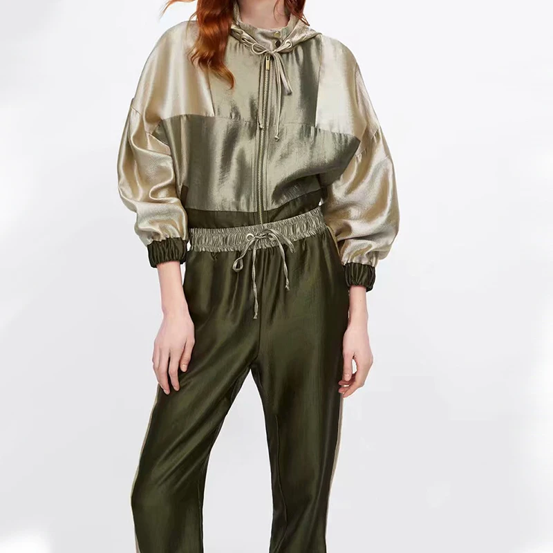 

2019 new women's long-sleeved jacket + casual trousers sports suit green stitching casual comfort suit ST-7481