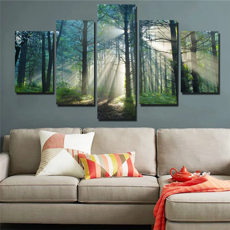 HD Printed Painting Modern Wall Art Pictures 5 Panel Sunshine Forest