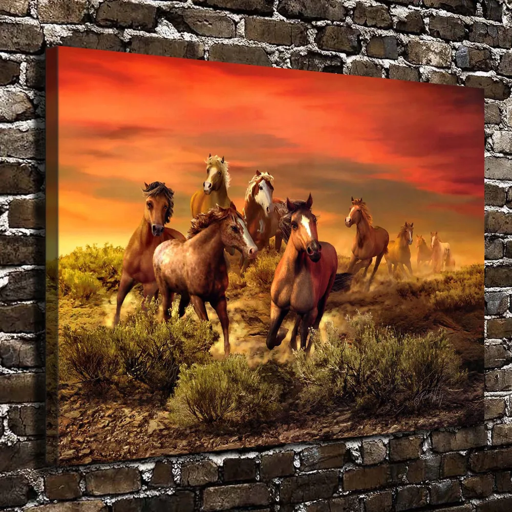A0641 Pemandangan Alam Kuda Hewan Sunset Glow HD Kanvas Cetak