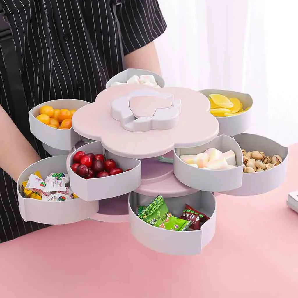 Petal-Shape Rotating Snack Box Candy Plates Double-deck Tray Food Storage Box Wedding Bloom Flower Design Jewelry Organizer