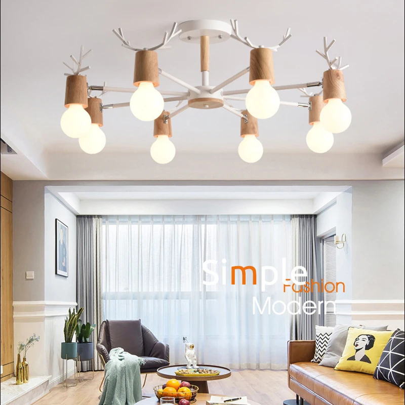  Nordic modern minimalist E27 multi- head antler chandelier restaurant bedroom study metal /wood lam - 4000022148655