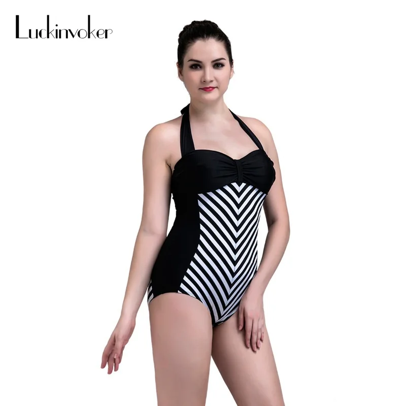 

Plus Size Swimwear One Piece Swimsuit S-4XL Retro Women Swimming Suit Stripes Swimmer Bathing Suit Beachwear Large Size Swimsuit
