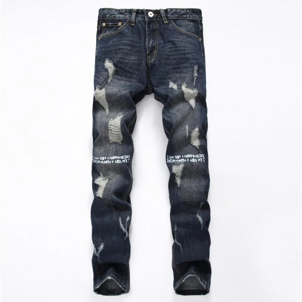 

SOSOO Biker Mens Casual Hole Letter Printed Slim Jeans Personality Designer Styles Water Washed Punk Fear of god Men Jeans