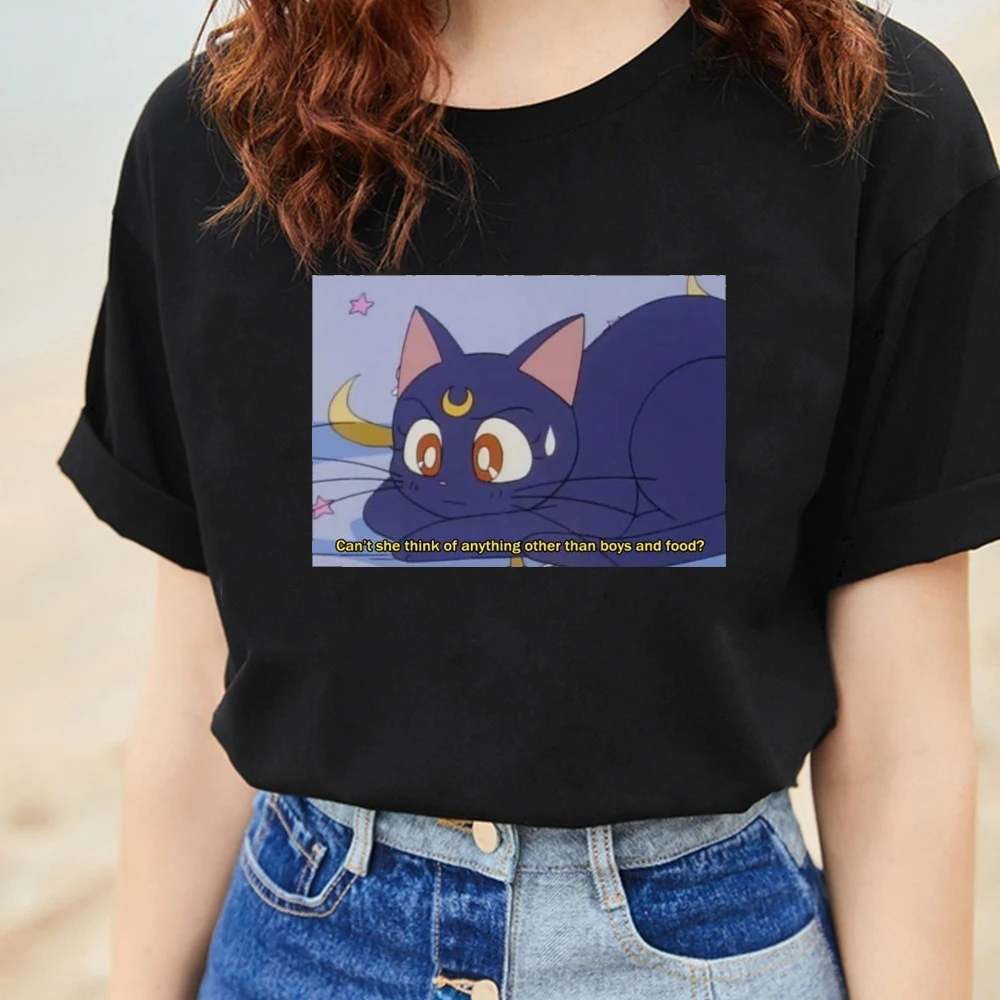Сейлор Мун футболки летняя мода Kawaii Женская Черная Футболка Harajuku с коротким