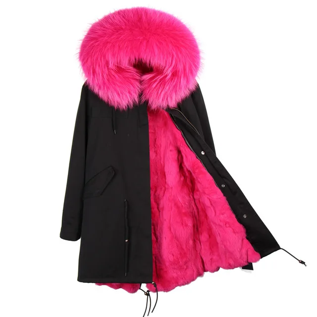 Длинные зимняя куртка женские Пиджаки толстые парки Енот натуральный мех воротник пальто с капюшоном реального теплый мех кролика лайнер пальто - Цвет: color 21
