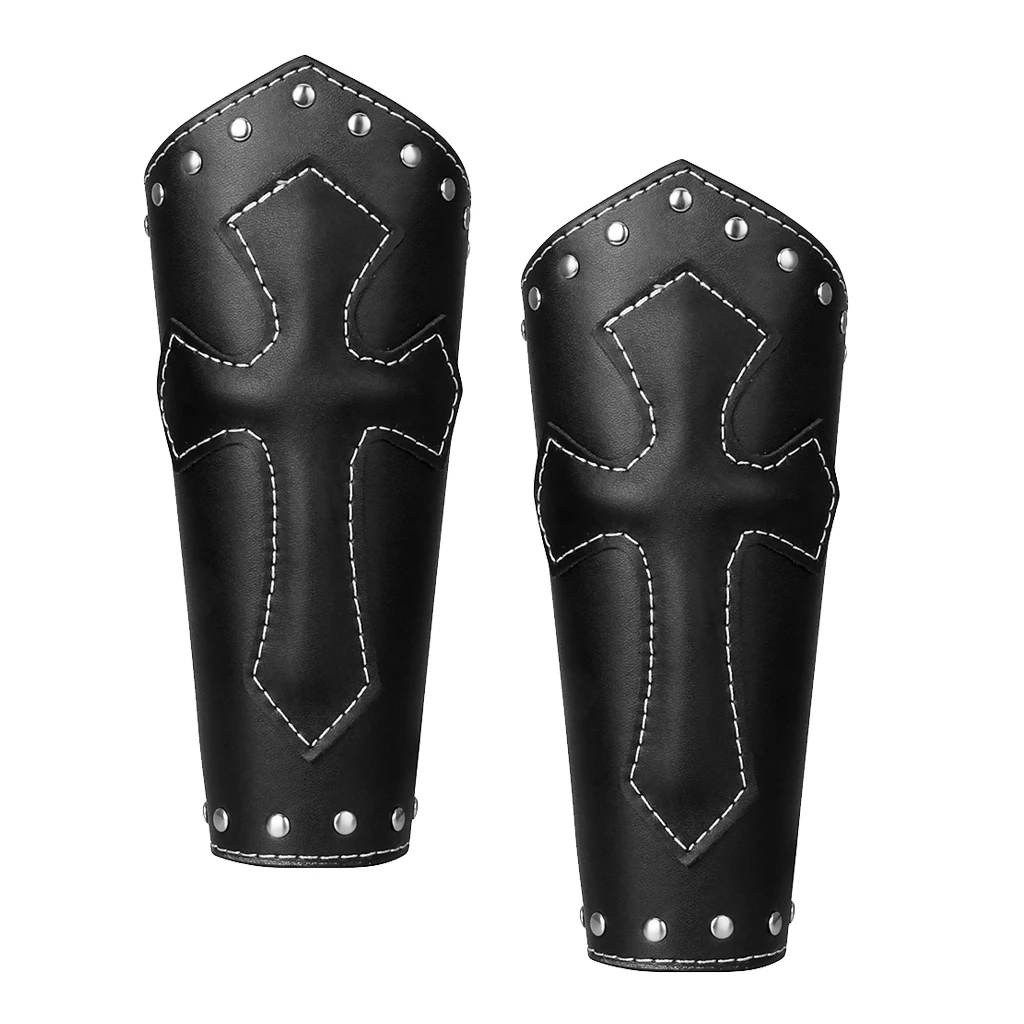 2Pieces Unisex PU Leather Gauntlet Style Wristband Wide Bracer Arm Cuff Bangle with Cross Charms Ethnic Charms - Black