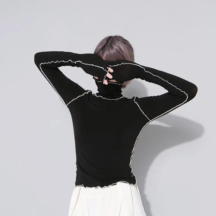 

Spring and Autumn Female high elastic pullovers Personality Collision Lace High-collar tees Super-long Sleeve Tshirt short tops