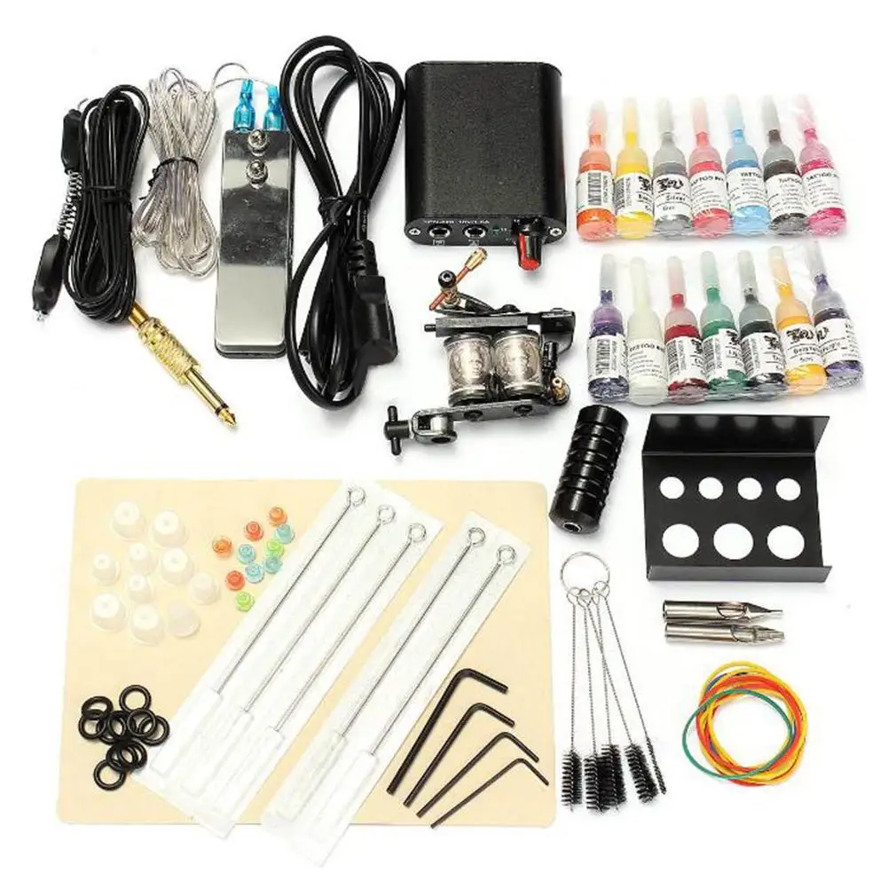 

Complete Tattoo Machine Power Supply Cord Ink Handle Needle Practice Skin Set