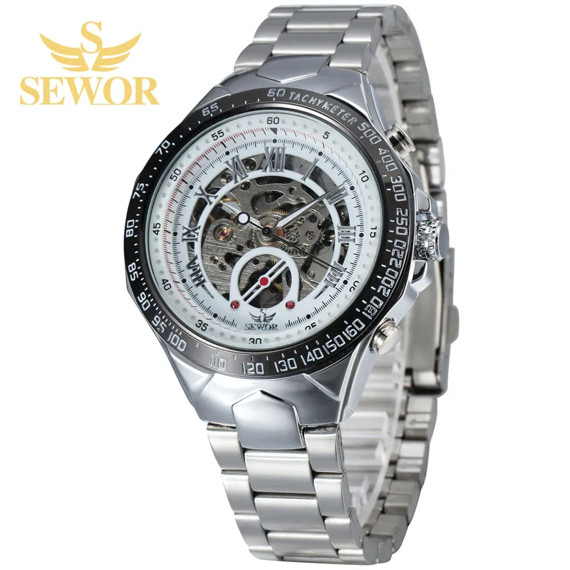 

SEWOR Mens Fashion Style Full Steel Classic Octagonal Hollow Mechanical Automatic Watch Men Sport Watch relogio masculino White