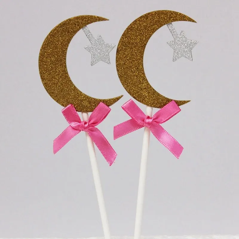 

2 Pcs/lot New Crescent Moon star Glitter Cupcake Toppers - Cake Decorations - Party Decor - Celebration - Ramadan - Eid Mubarak