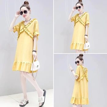 

Pregnant women dress summer 2019 new loose long section ruffled stitching sleeves A word skirt pregnancy skirt