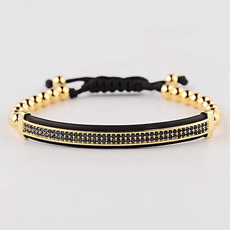 

Trendy Luxury Men Black CZ Long Tubes&4MM Copper Beads Braided Bracelet Classic Macrame Bracelets&Bangles For Women Jewelry
