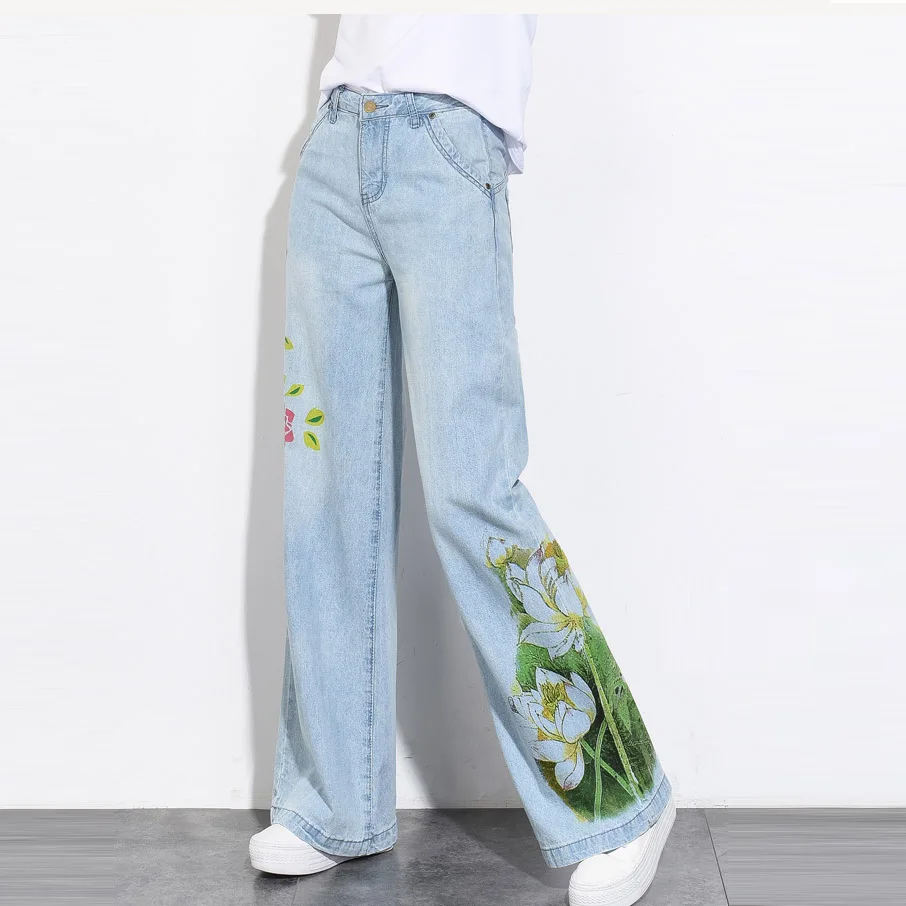 

2018 Summer and Autumn Retro Vintage Floral Pattern Jeans Denim Straight Female Wide Leg Pants trousers Women / streetwear