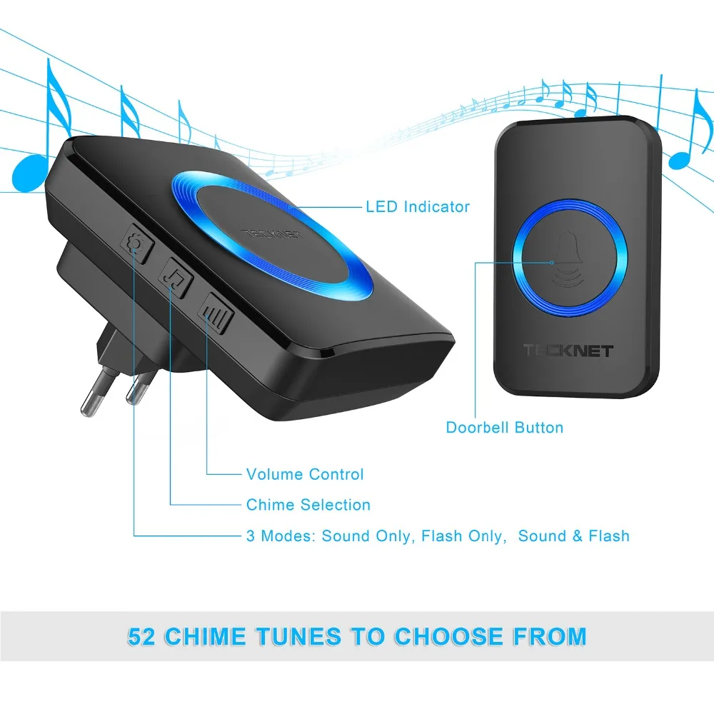 TeckNet Wireless Doorbells Twin Waterproof Wall Plug-in Cordless Door Bell Chime 300M Range 52 Chimes 4-Level Volume Blue Light TeckNet Wireless Doorbells Twin Waterproof Wall Plug-in Cordless Door Bell Chime 300M Range 52 Chimes 4-Level Volume Blue Light