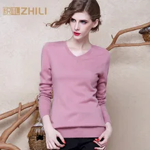 Zhili кашемировый свитер, женские свитера и пуловеры, женская мода, v-образный вырез, сплошной цвет, длинный рукав, вязаный свитер