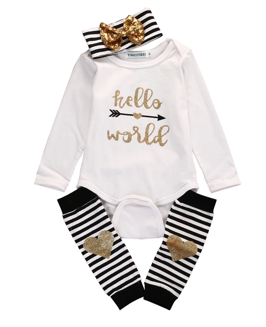 3Pcs baby romper set !Infant Baby Hello World Romper Jumpsuit +Long