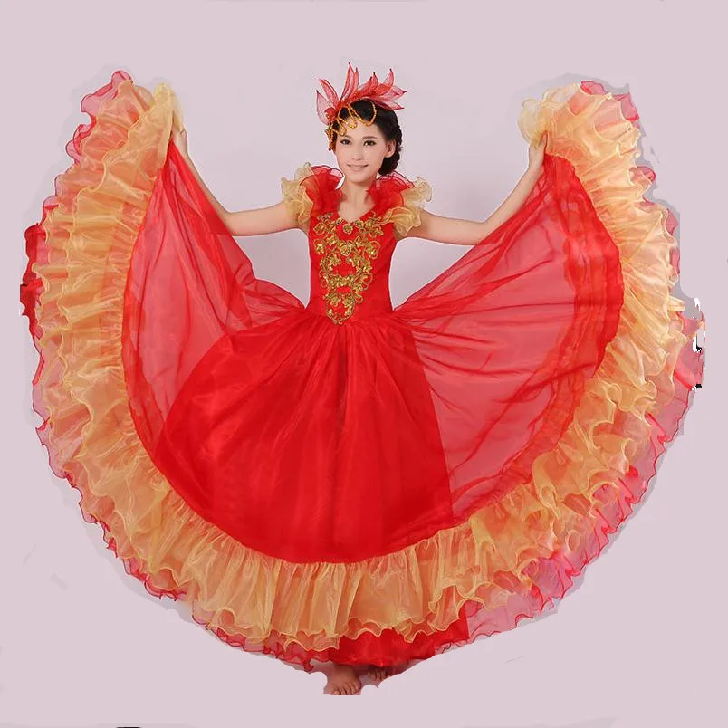 

720 Degree Spanish Bullfight Belly Dance Dress for Women Performance Long robe Flamenco fille Red falda Flamenco Dresses L230