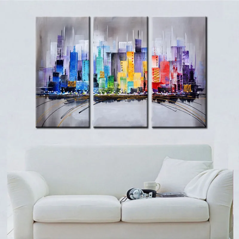 

City Building Canvas Pictures Hand Painted Abstract Colorful Oil Paintings Modern Home Decor Wall Art 3 Panel Beautiful Painting