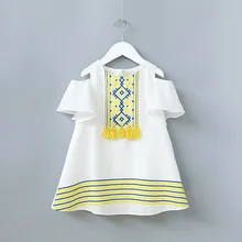 Платья для девочек с круглым вырезом с коротким, без бретель с бахромой платье короткий рукав летнее платье для маленьких девочек одежда для детей для 3-7 лет