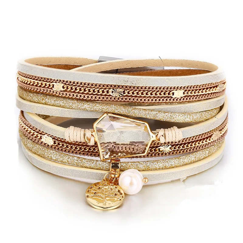 DIEZI New Multilayer Shell Heart Wrap Bracelets For Women Gift Magnet Buckle PU Leather Rhinestone Pearl Bracelets Bangles