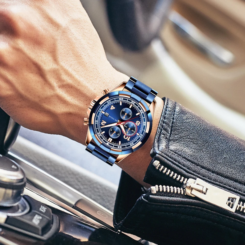 MINI FOCUS Men Fashion Military Dress Analog Watch 3 Sub-dials Multifunction Stainless Steel Strap BLUE RG Mens Top Brand Luxury