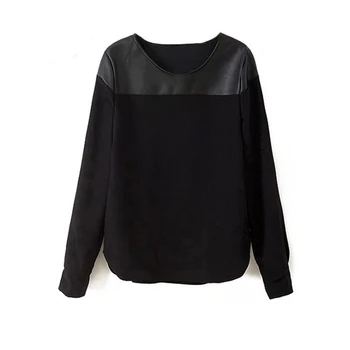 2016 Spring New Women Hoody Top Selling Long Sleeve Solid O-Neck Cotton Pu Patchwork Women Casual Hoodies tracksuit for women