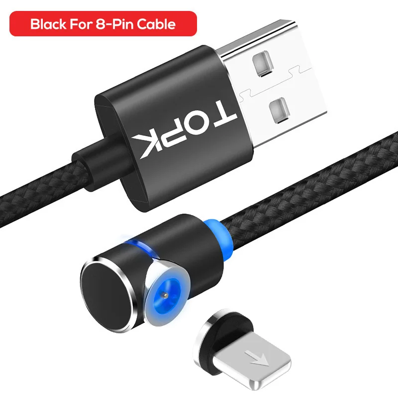 TOPK L-Line1 L Shap 90 градусов Магнитный USB кабель, Магнит usb type C кабель и Micro USB кабель и USB кабель для iPhone X 8 7 Plus - Цвет: Black 8-Pin Cable