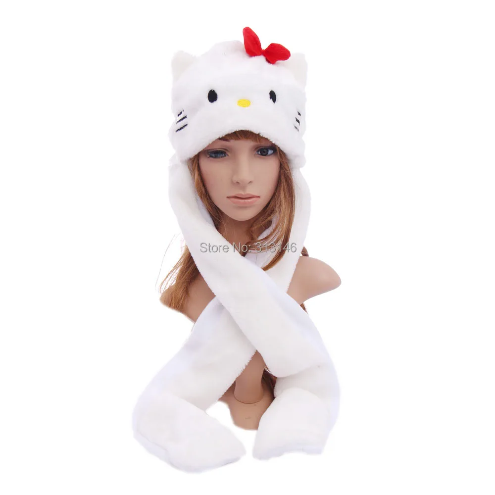 cartoon plush animal faux fur full hood hello kitty hat women girls kids costume beanie with long scarf mittens gloves earmuffs in skullies beanies from