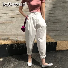 TWOTWINSTYLE женские брюки-шаровары с рюшами, с высокой талией и карманом, большие размеры, летние длинные штаны для женщин, модная Корейская одежда