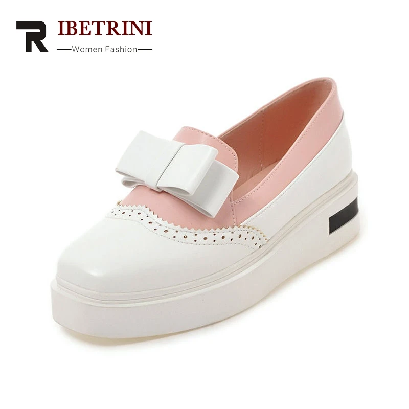 

RIBETRINI 2018 Spring Autumn Sweet Bow Knot Mixed Color Flat Platform Shoes Woman Big Size 34-43 Fresh Shallow slip-on Shoes