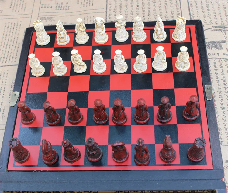 Retro Wooden Chess Set Imitation Antique Coffee Table Chinese Qing Dynasty Soldiers Chessman Family Game Gift L423