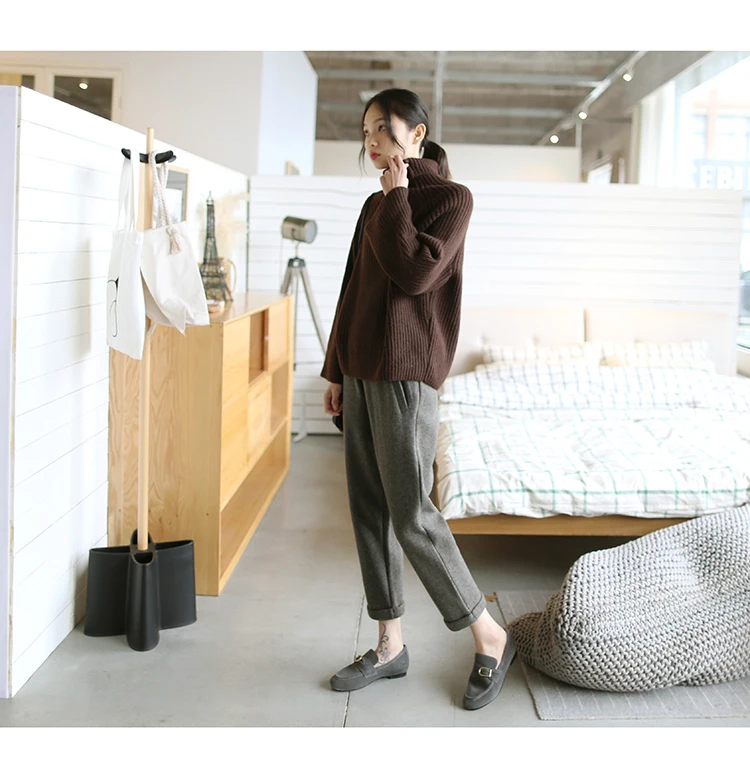 Зимние шерстяные толстые брюки женские по щиколотку свободные с высокой талией с эластичными однотонными Шароварами повседневные корейские