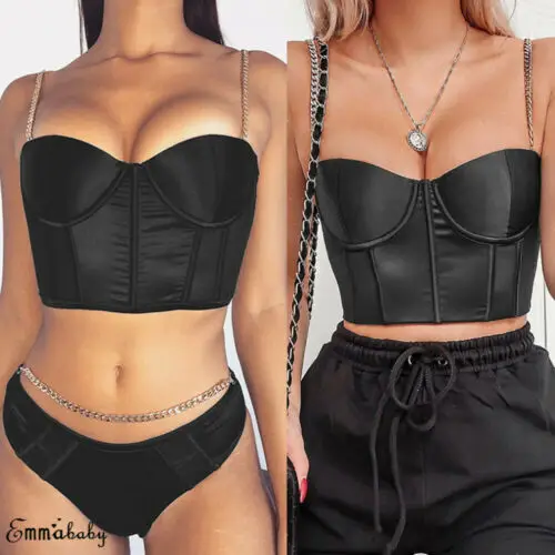 

2019 Fashion Women Sleeveless Summer Bustier Crop Top Vest Tube Tank Top Shirt Chain Shoulder Strap Solid Slim Short Tops