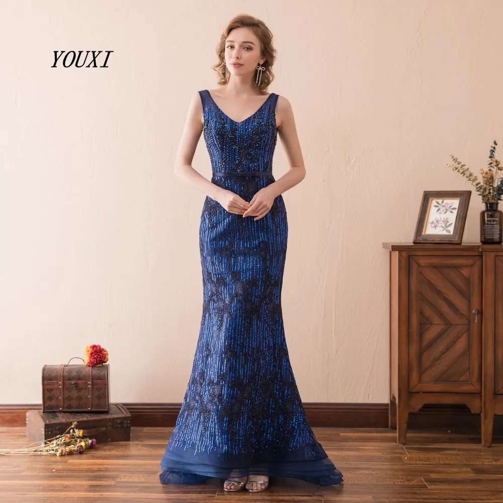 

Elegant V-Neck Mermaid Evening Dresses 2023 New Bling Bling Blue Sequined Pearls Beading Formal Long Prom Gowns