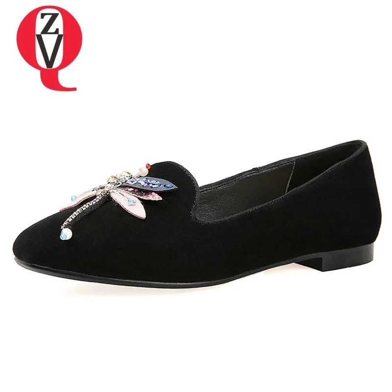 

ZVQ women shoes new kid suede square toe slip-on solid shallow appliques outside concise casual black and bule women flats