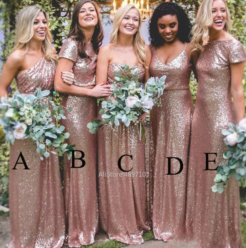 

Bling Sparkly Bridesmaid Dresses 2019 Rose Gold Sequins New Cheap Two Pieces Prom Gowns Backless Country Beach Party Dresses