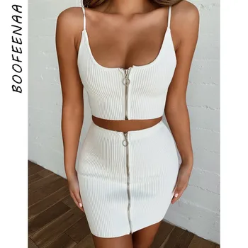 

BOOFEENAA Summer Fashion Sexy 2 Piece Set Zipper Crop Top and Skirt White Women Club Party Outfit Short Matching Sets C34-AA16