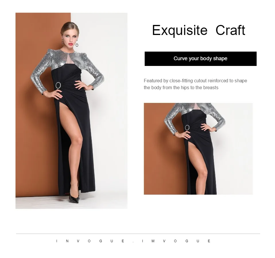 INVOGUE. IMVOGUE Новое поступление Мода блесток Дизайн О образным вырезом одежда с длинным рукавом Вечеринка Элегантное Длинное Платье